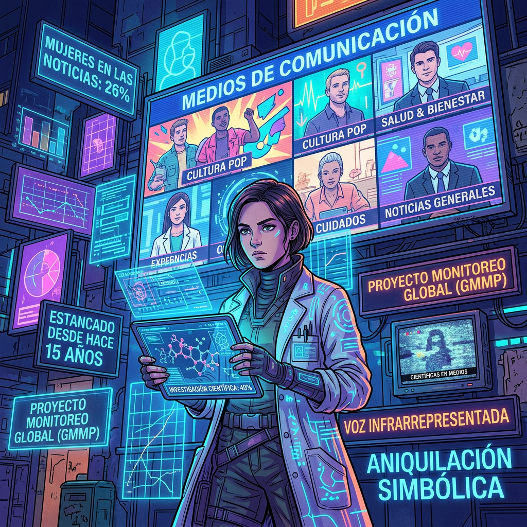 Investigadora con tableta ante paneles sobre medios, salud, cultura y representación; texto visible: "MEDIOS DE COMUNICACIÓN", "MUJERES EN LAS NOTICIAS: 26%", "PROYECTO MONITOREO GLOBAL (GMMP)", "INVESTIGACIÓN CIENTÍFICA: 40%", "VOZ INFRARREPRESENTADA" y "ANIQUILACIÓN SIMBÓLICA".