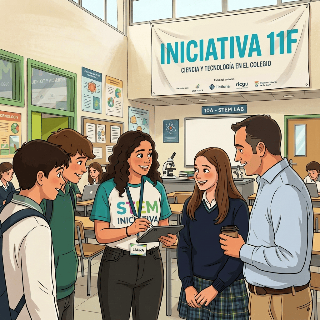 Students and educators talking beneath a school STEM initiative banner